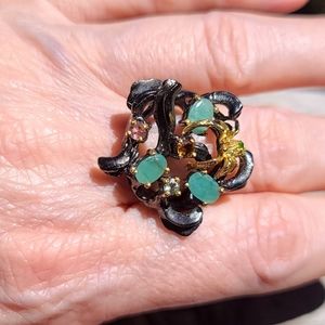 Emerald Peridot Tourmaline citrine aquamarine spider sterling silver ring sz9